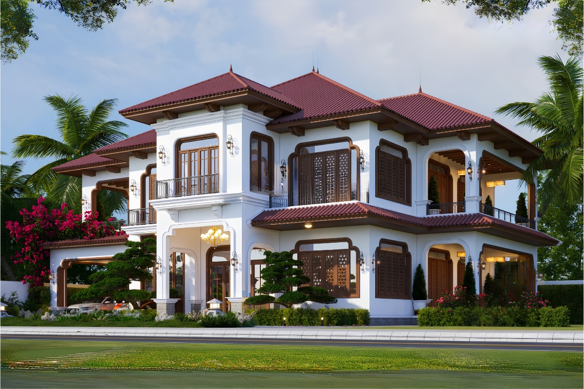 Khoảng xanh bao quanh giúp biệt thự 2 tầng phong cách Indochine trở nên thư thái và giàu sức sống (Ảnh: Sưu tầm)