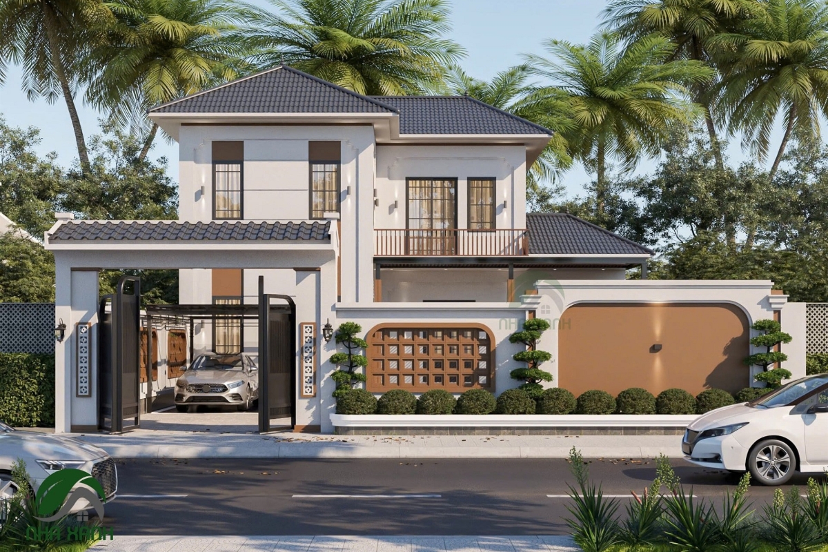 Gara được tích hợp khéo léo giúp thiết kế biệt thự 2 tầng phong cách Indochine thêm tiện nghi và hiện đại (Ảnh: Sưu tầm)