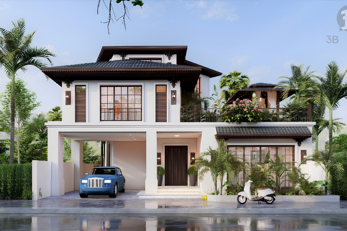 Không gian trên cao giúp biệt thự 2 tầng phong cách Indochine đón gió và ánh sáng hiệu quả (Ảnh: Sưu tầm)