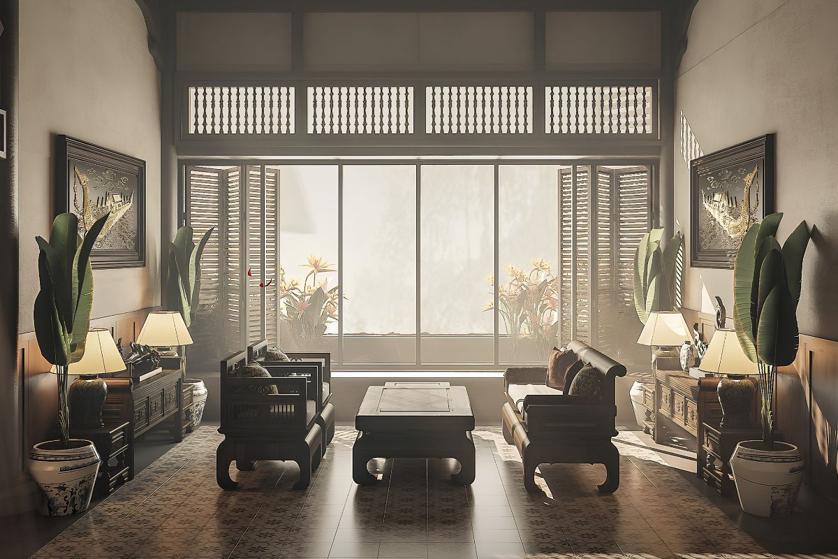 Gỗ tự nhiên màu trầm tạo nên vẻ đẹp sang trọng cho phòng khách biệt thự 2 tầng phong cách Indochine (Ảnh: Sưu tầm)