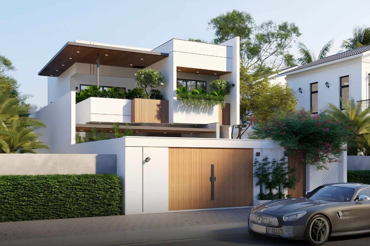 Sự kết hợp giữa vật liệu hiện đại và gam màu trung tính mang đến diện mạo sang trọng cho mẫu biệt thự 2 tầng mặt tiền 10m đẹp (Ảnh: Sưu tầm)