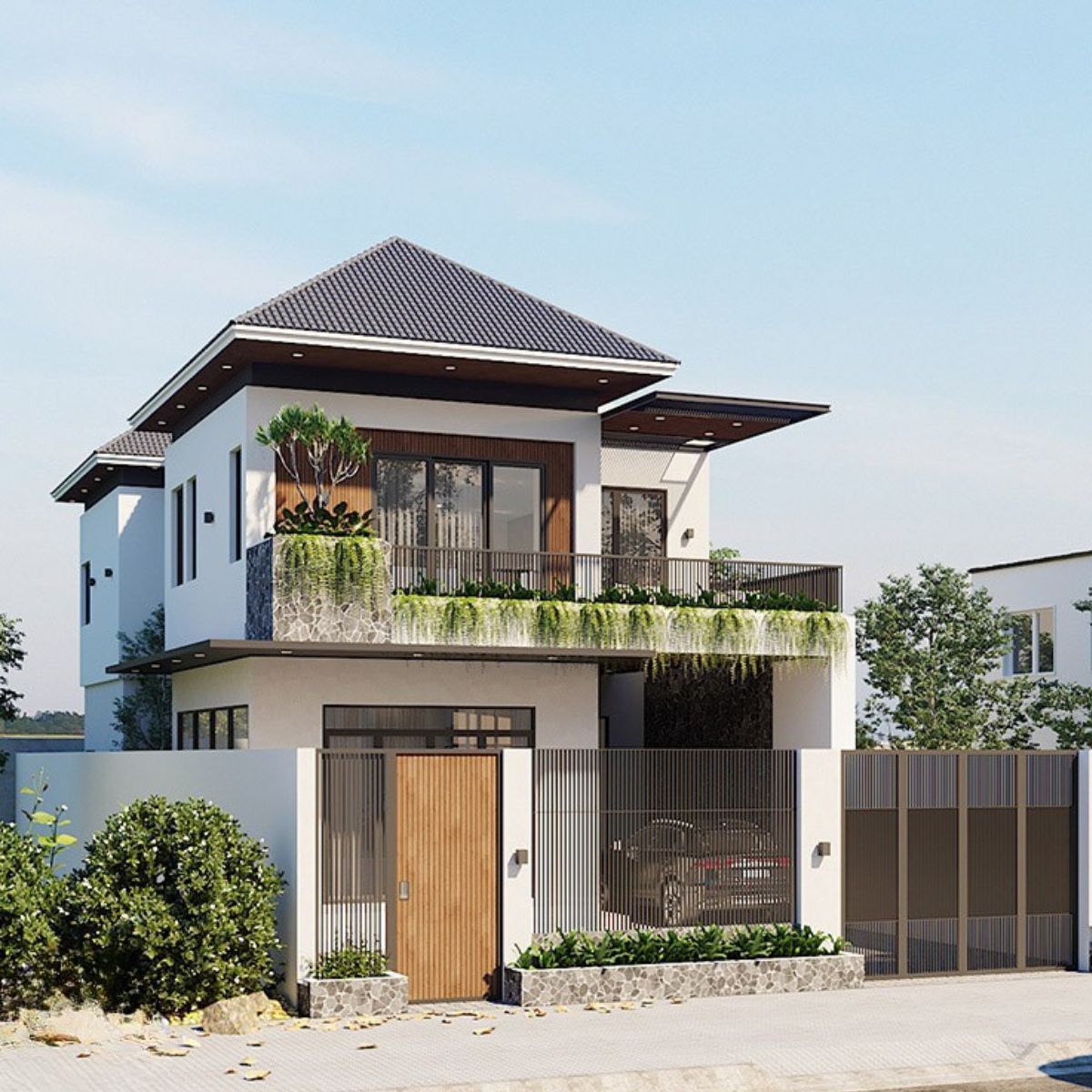 Biệt thự 2 tầng mặt tiền 10m mái Nhật ghi điểm nhờ vẻ đẹp thanh lịch, nhẹ nhàng và phù hợp với nhiều phong cách kiến trúc (Ảnh: Sưu tầm)