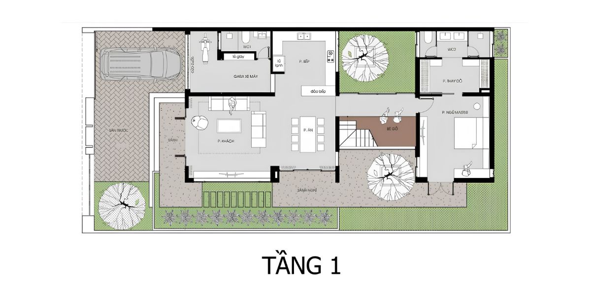 Mặt bằng tầng một ưu tiên sự kết nối giữa phòng khách, bếp ăn và biệt thự có gara ô tô tiện lợi (Ảnh: Sưu tầm)