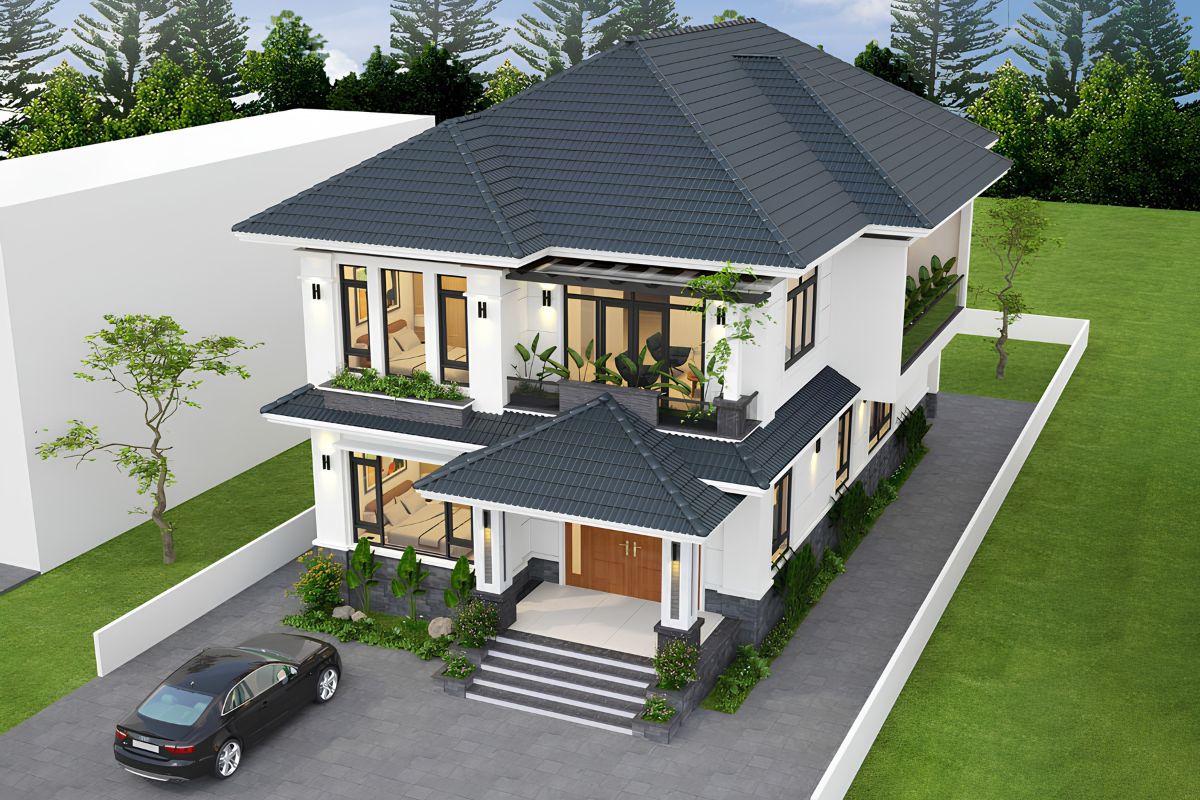 Độ dốc vừa phải của mái giúp tổng thể công trình trở nên nhẹ nhàng nhưng vẫn sang trọng (Ảnh: Sưu tầm)