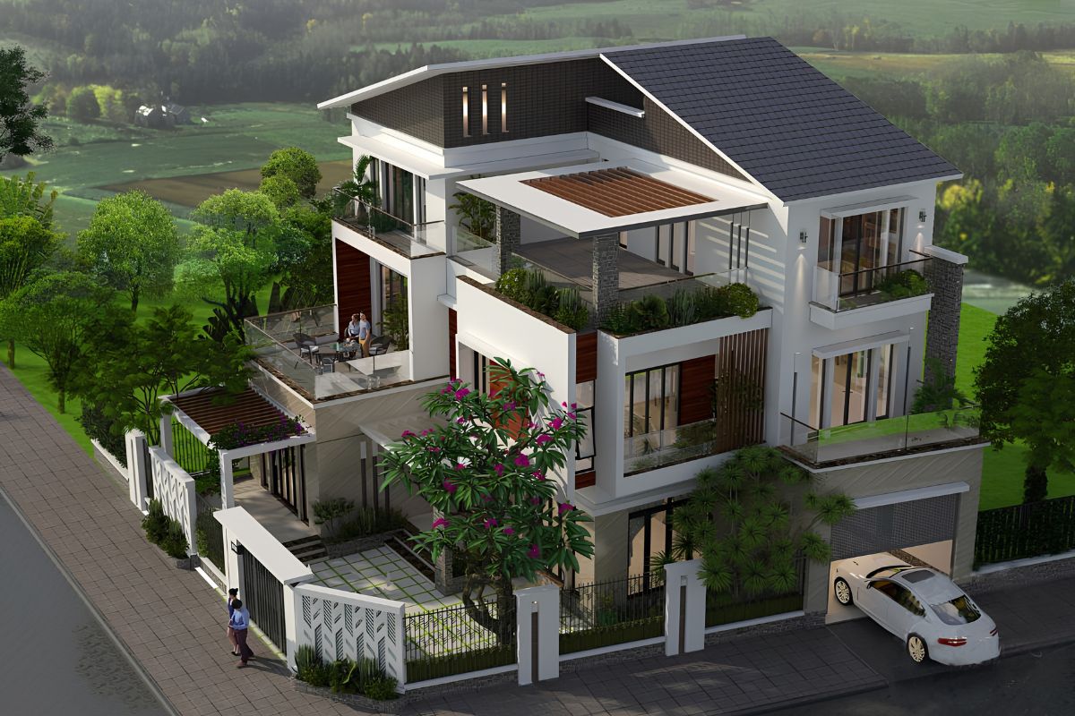 Mẫu biệt thự 3 tầng 2 mặt tiền đẹp nhất 2026 & báo giá tối ưu 24 Biệt thự 3 tầng 2 mặt tiền mái lệch tạo điểm nhấn bằng hình khối phá cách và đường nét kiến trúc khác biệt (Ảnh: Sưu tầm)