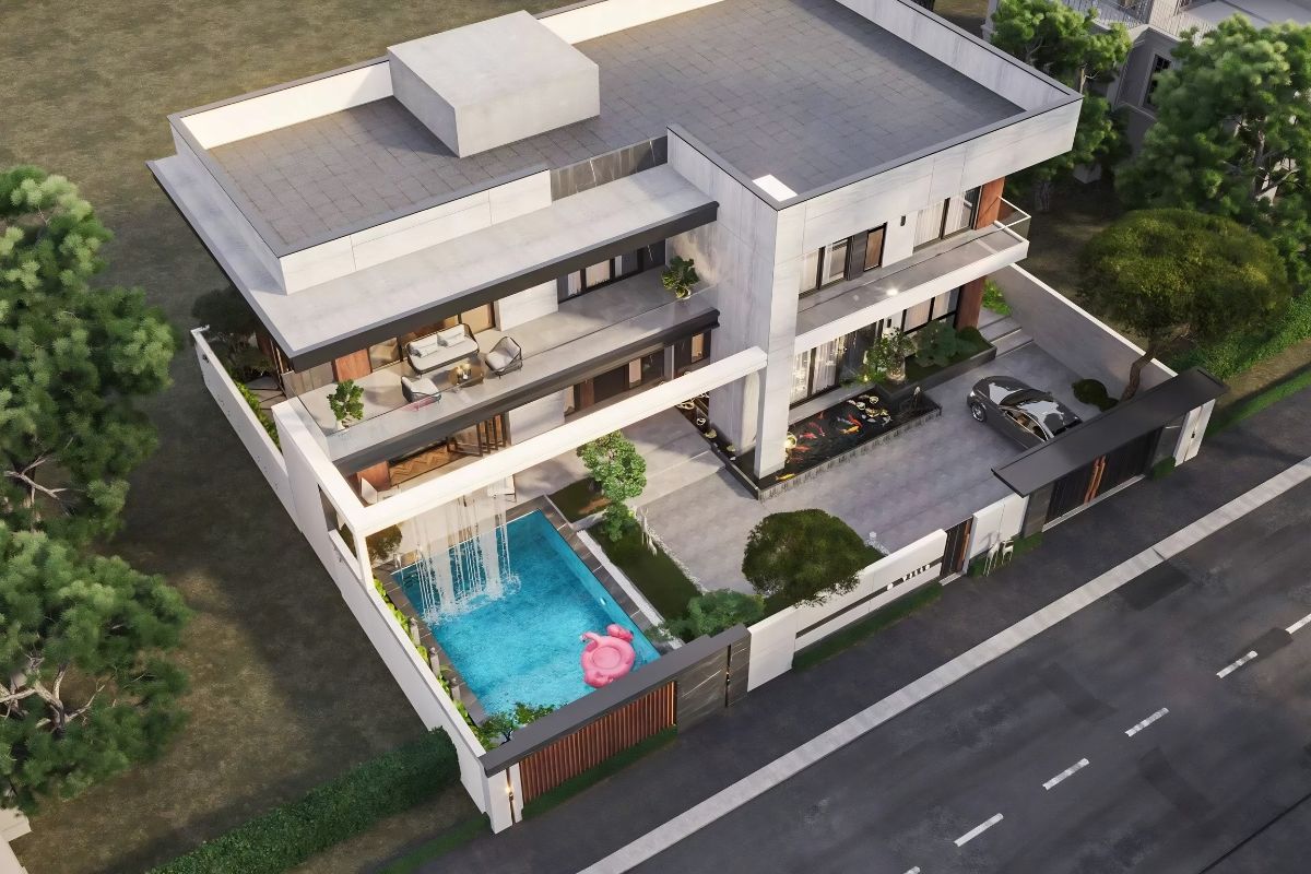 Thiết kế biệt thự 2 tầng mái bằng có hồ bơi cần hài hòa giữa kiến trúc, sân vườn và hướng nắng gió  (Ảnh: Sưu tầm)
