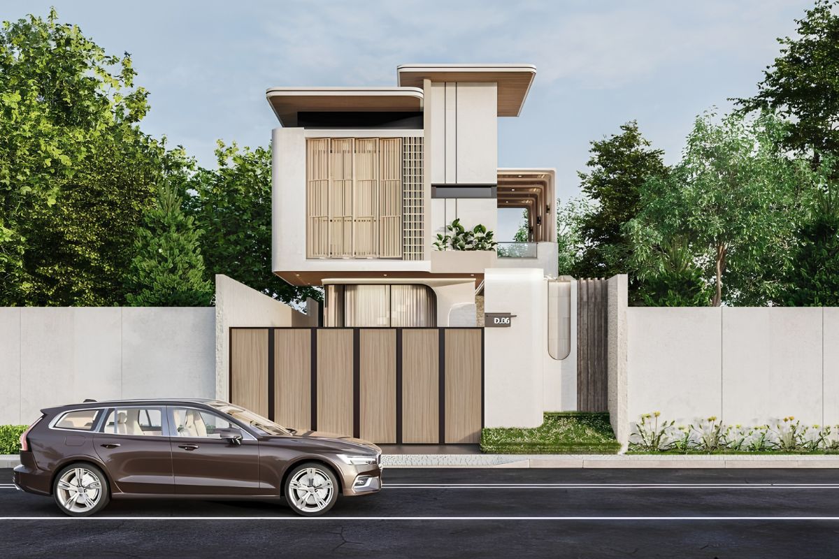 Nhà biệt thự 2 tầng mái bằng hiện đại trên đất phố tạo dấu ấn bằng hình khối gọn và vật liệu tinh tế  (Ảnh: Sưu tầm)