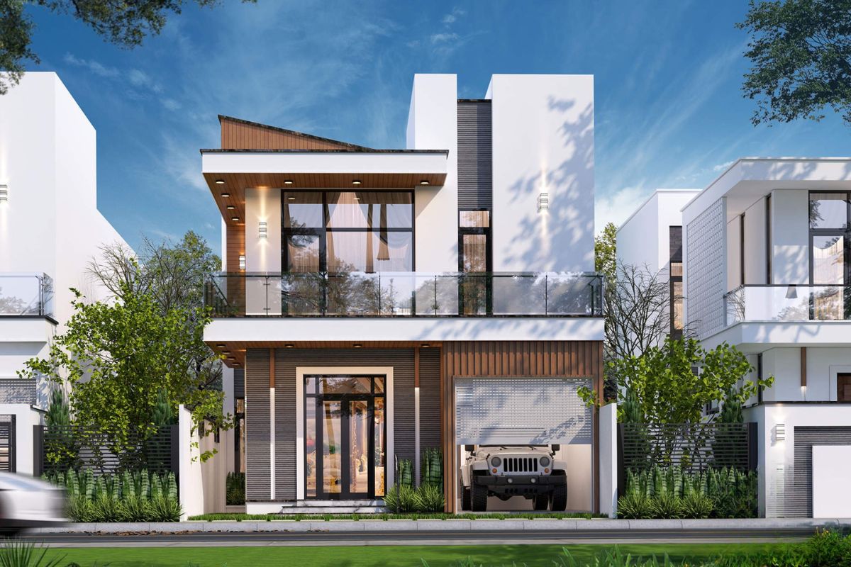 Mẫu biệt thự 2 tầng mái bằng đẹp quy mô nhỏ tạo điểm nhấn bằng mặt tiền gọn, vật liệu bền và cảnh quan xanh  (Ảnh: Sưu tầm)
