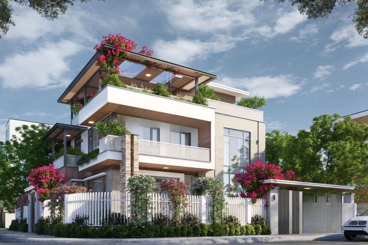 Mẫu biệt thự 2 tầng mái bằng đẹp trên đất góc cần sự đồng bộ giữa hai mặt đứng kiến trúc (Ảnh: Sưu tầm)