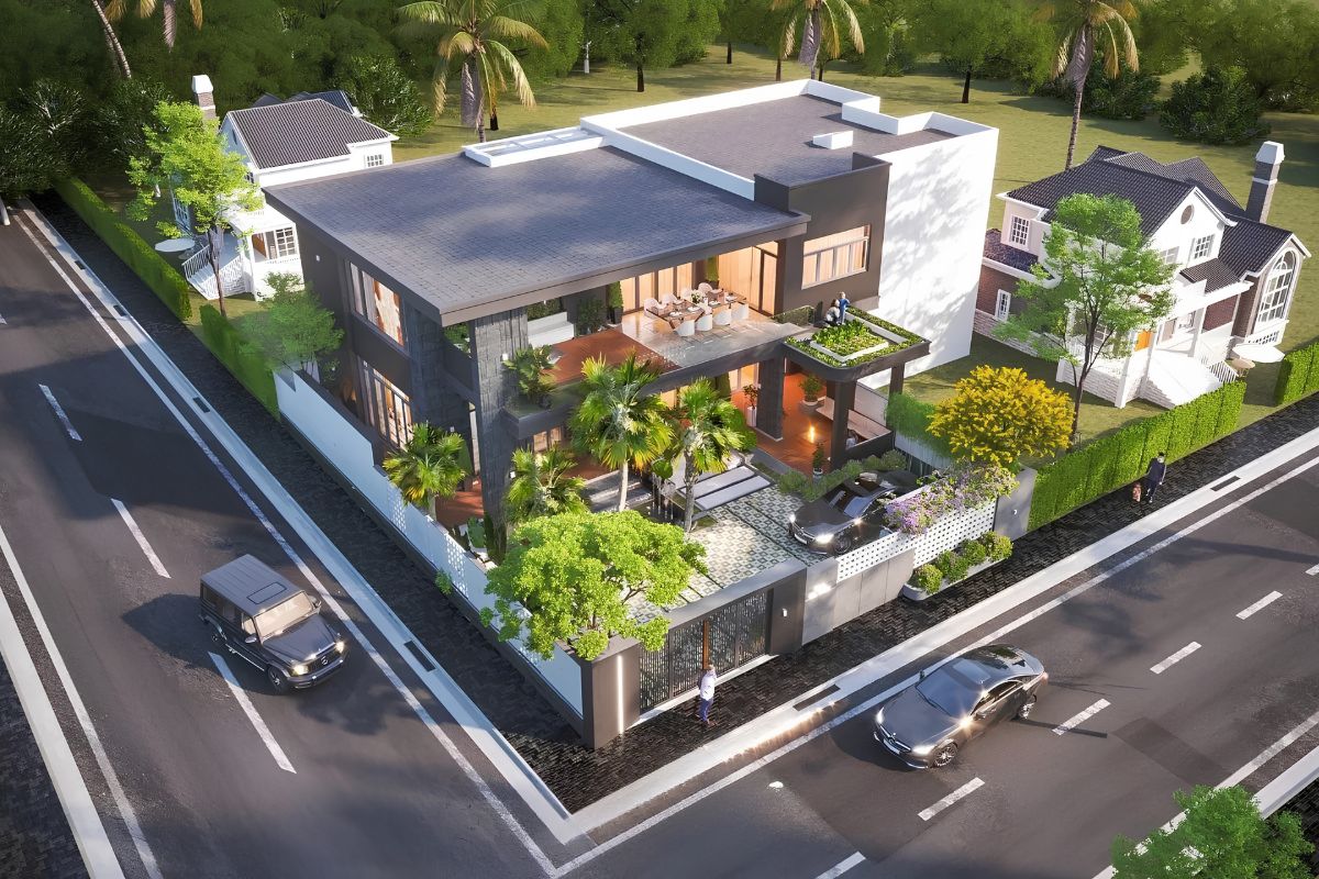 Biệt thự 2 tầng mái bằng sang trọng với 2 mặt tiền giúp công trình nổi bật và gia tăng giá trị sử dụng  (Ảnh: Sưu tầm)