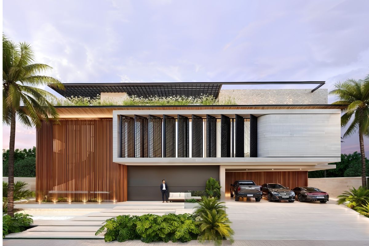 Mẫu biệt thự 2 tầng mái bằng có gara đáp ứng nhu cầu sống hiện đại, thuận tiện và an toàn cho gia đình  (Ảnh: Sưu tầm)