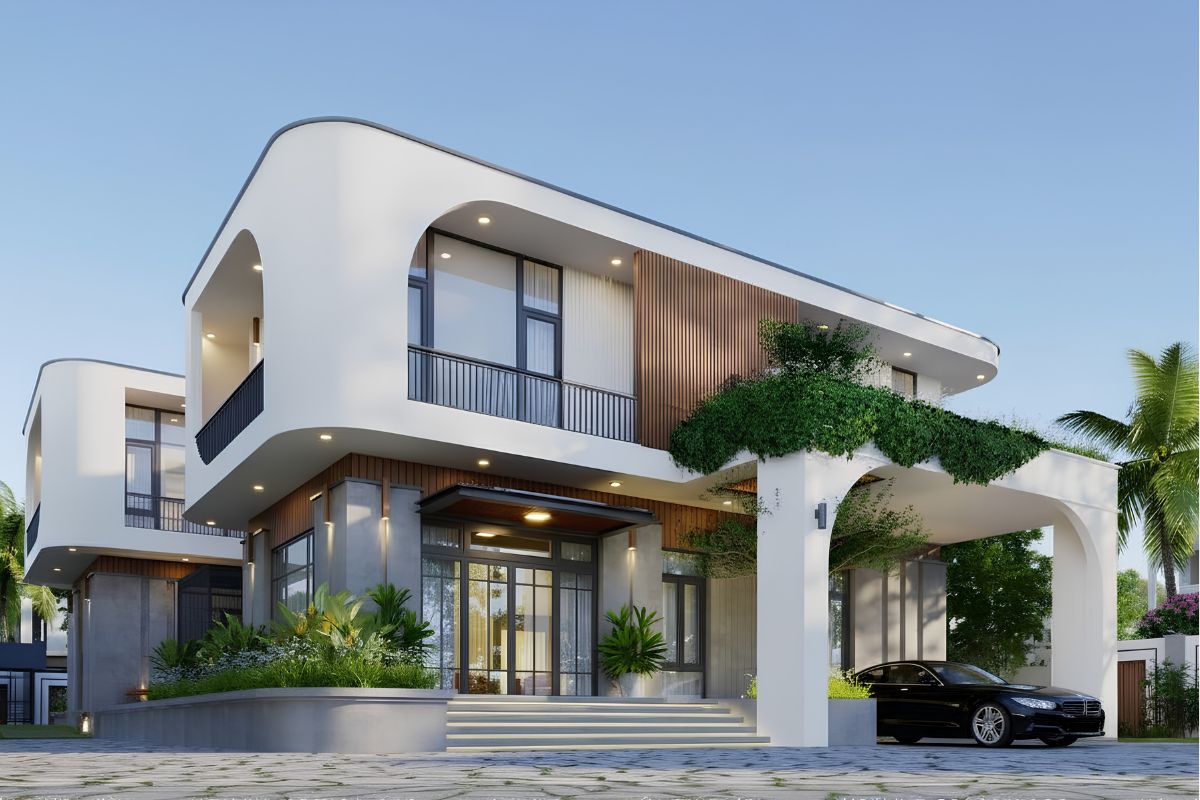Thiết kế biệt thự 2 tầng mái bằng có gara cần tính toán lối ra vào, độ dốc nền và sự hài hòa mặt tiền  (Ảnh: Sưu tầm)