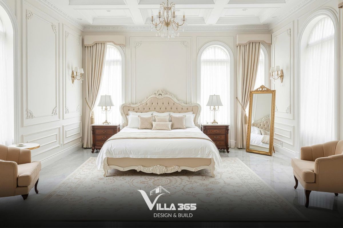 Hệ trần thạch cao chia ô vuông kết hợp phào chỉ tỉ mỉ, treo đèn chùm nến pha lê đem lại bầu không khí sang trọng