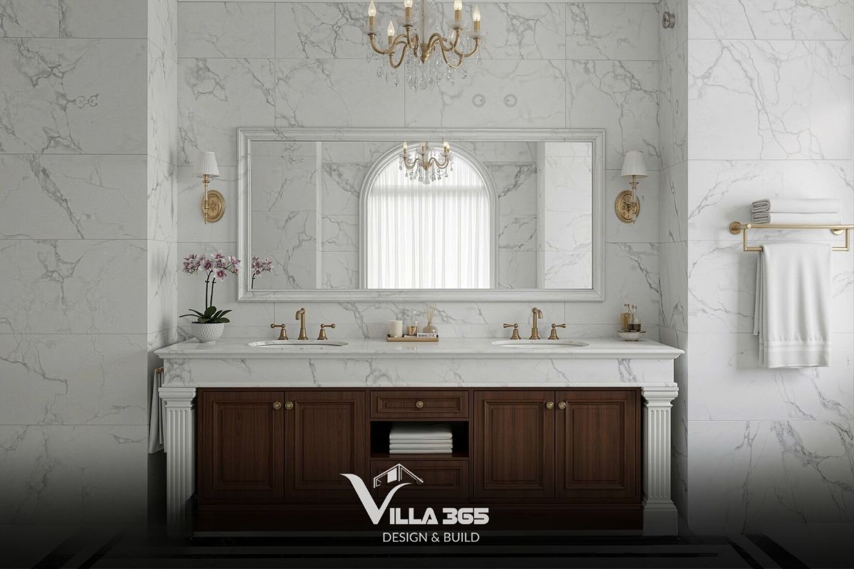 Bàn lavabo đôi kết hợp hệ tủ gỗ phía dưới màu nâu trầm với các đường phào chỉ và cột thức Corinth cổ điển 