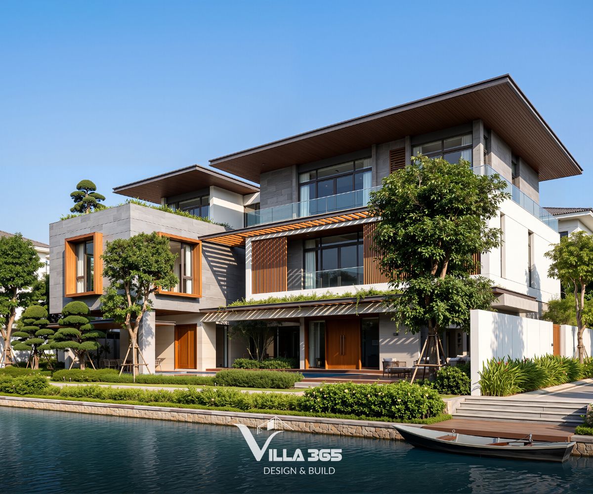Sắc xám của đá ốp kết hợp cùng hệ lam gỗ tạo nên bảng vật liệu cân bằng giữa tính hiện đại và hơi thở tự nhiên 