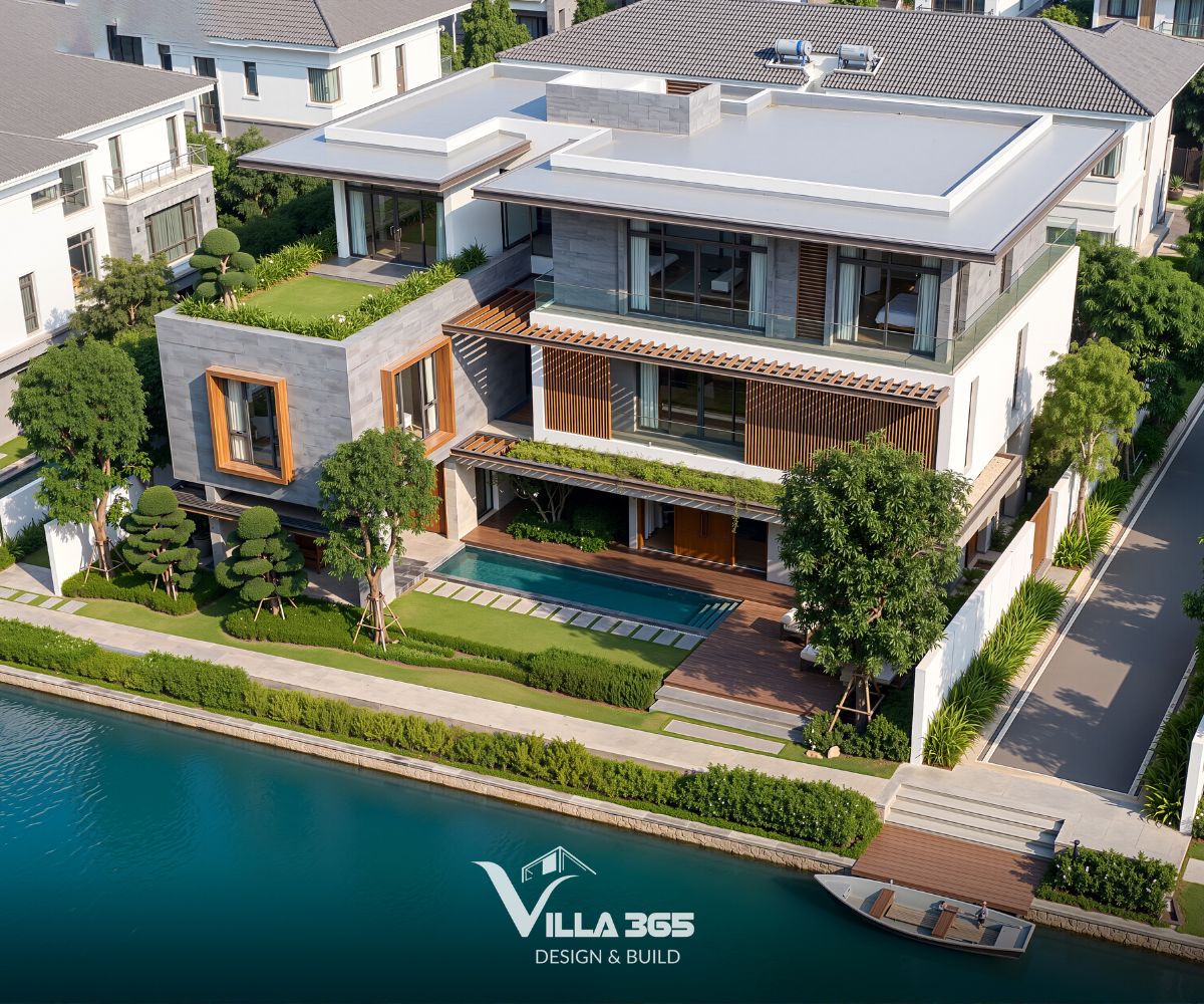 Thay vì khép kín bằng hàng rào, Hà Thanh Villa lựa chọn mở rộng sân vườn về phía dòng sông 