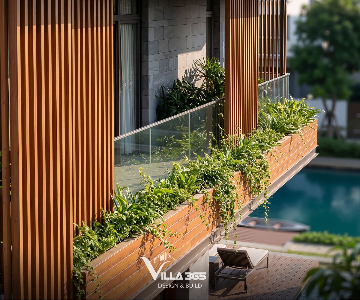 Bồn cây dài bằng gỗ tích hợp ban công với các loại cây rủ mềm mại