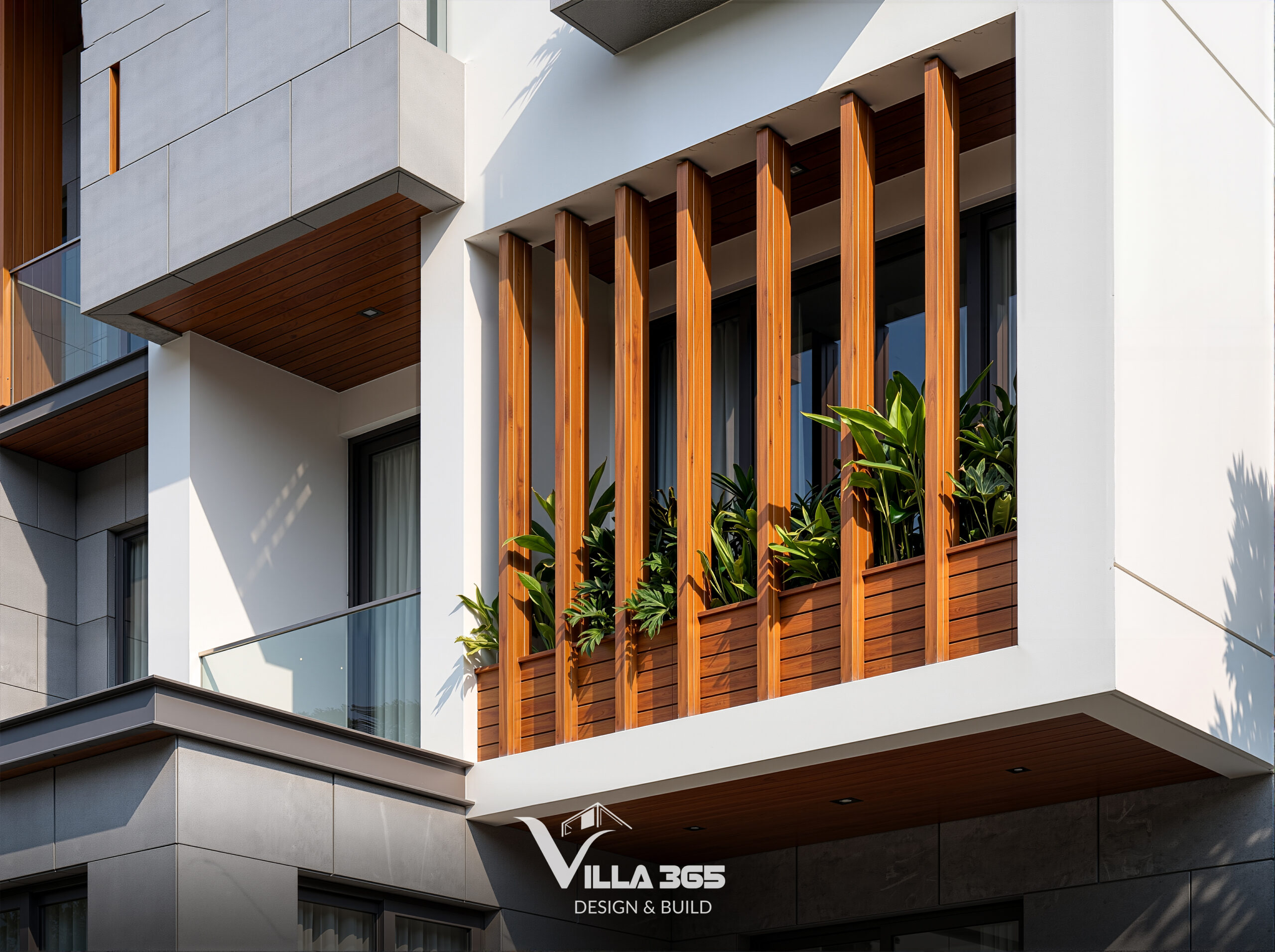 Vật liệu tự nhiên tạo nên nét tương phản tinh tế với vật liệu kính hiện đại