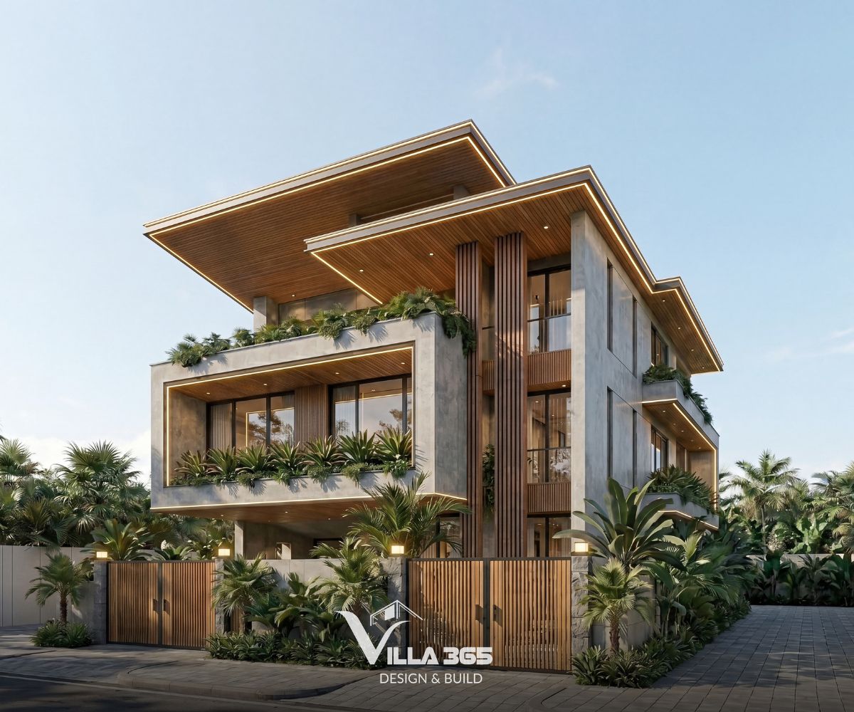Vật liệu tự nhiên hiện diện có chủ đích trong không gian ngoại thất của Hoài Villa