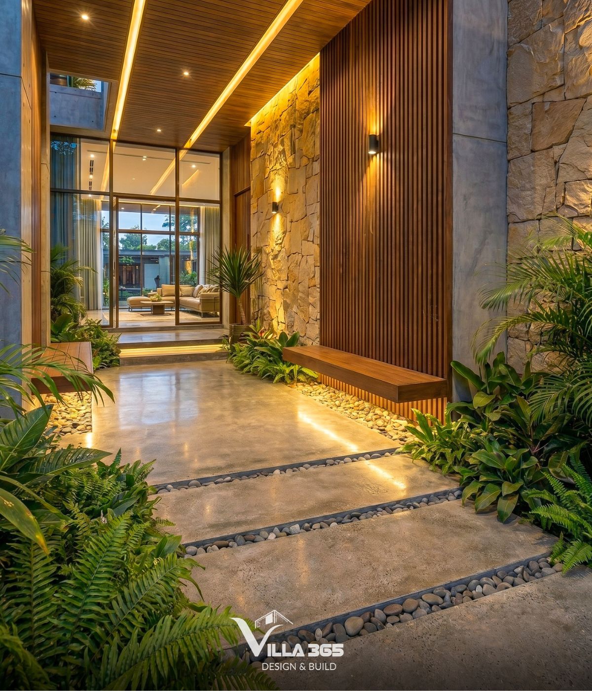 Đèn LED ẩn dưới gầm ghế và viền bồn cây hắt ánh sáng dịu nhẹ lên dải sỏi 