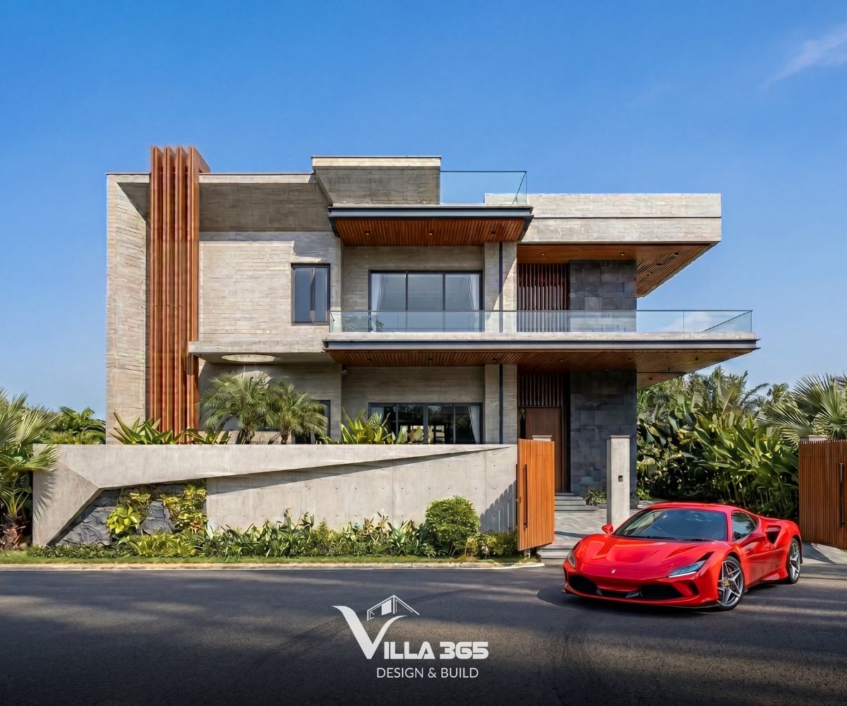 Mặt đứng của Nguyên Mộc Villa được tổ chức theo nhiều lớp vật liệu nhằm thích ứng hiệu quả với điều kiện khí hậu nhiệt đới
