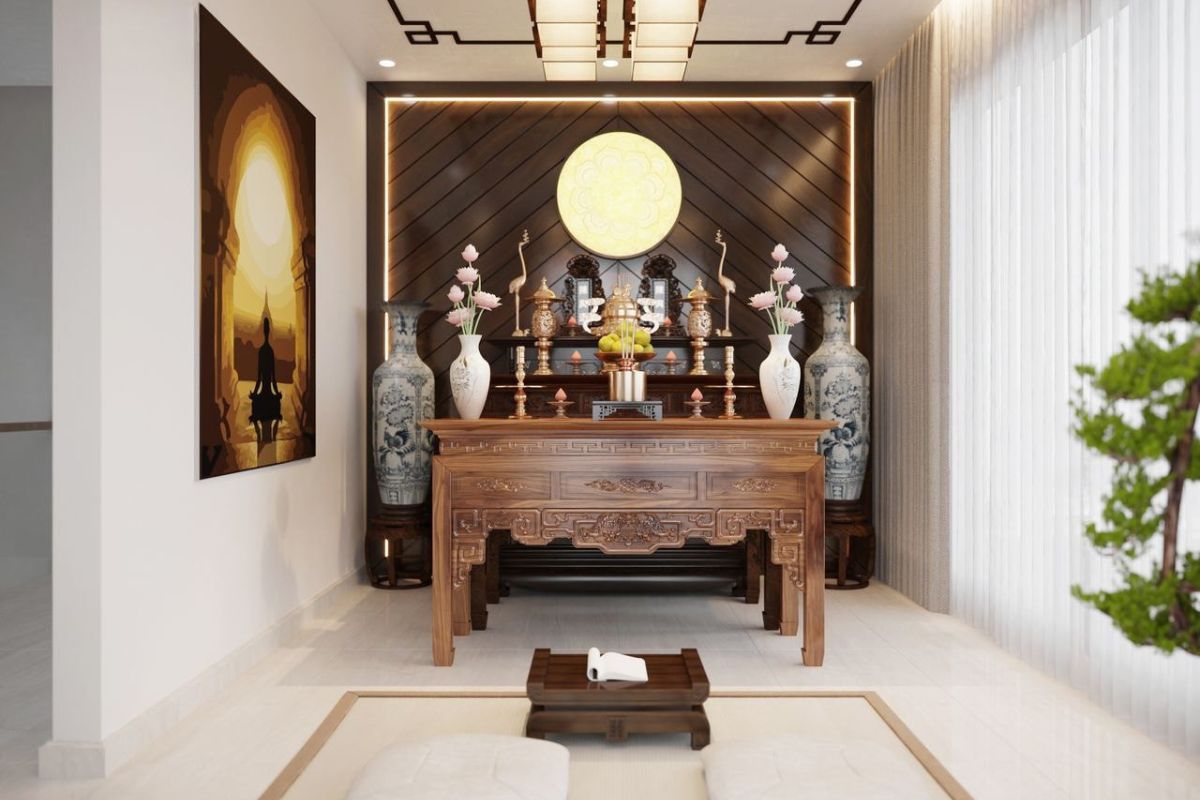 Phòng thờ trong nội thất biệt thự song lập cần được bố trí ở vị trí trang nghiêm, yên tĩnh và phù hợp với nếp sống văn hóa của từng gia đình (Ảnh: Sưu tầm)
