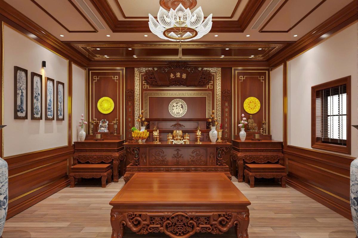 Vật liệu gỗ tự nhiên, màu nâu trầm và ánh sáng ấm là những lựa chọn thường dùng khi thiết kế nội thất biệt thự song lập cho không gian thờ cúng (Ảnh: Sưu tầm)