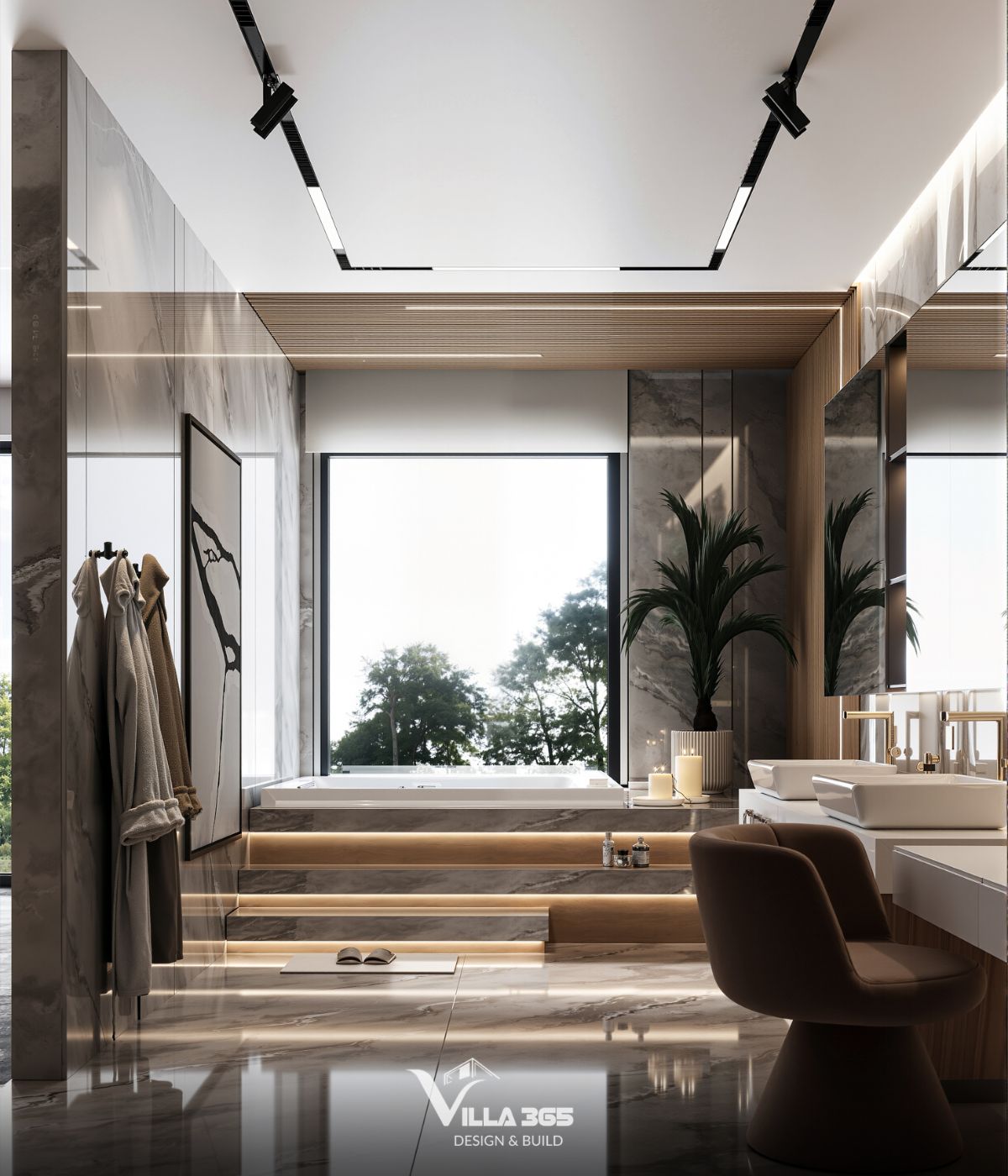 Khu vực bồn tắm được bố trí gần cửa sổ lớn, đem lại trải nghiệm gần gũi với thiên nhiên