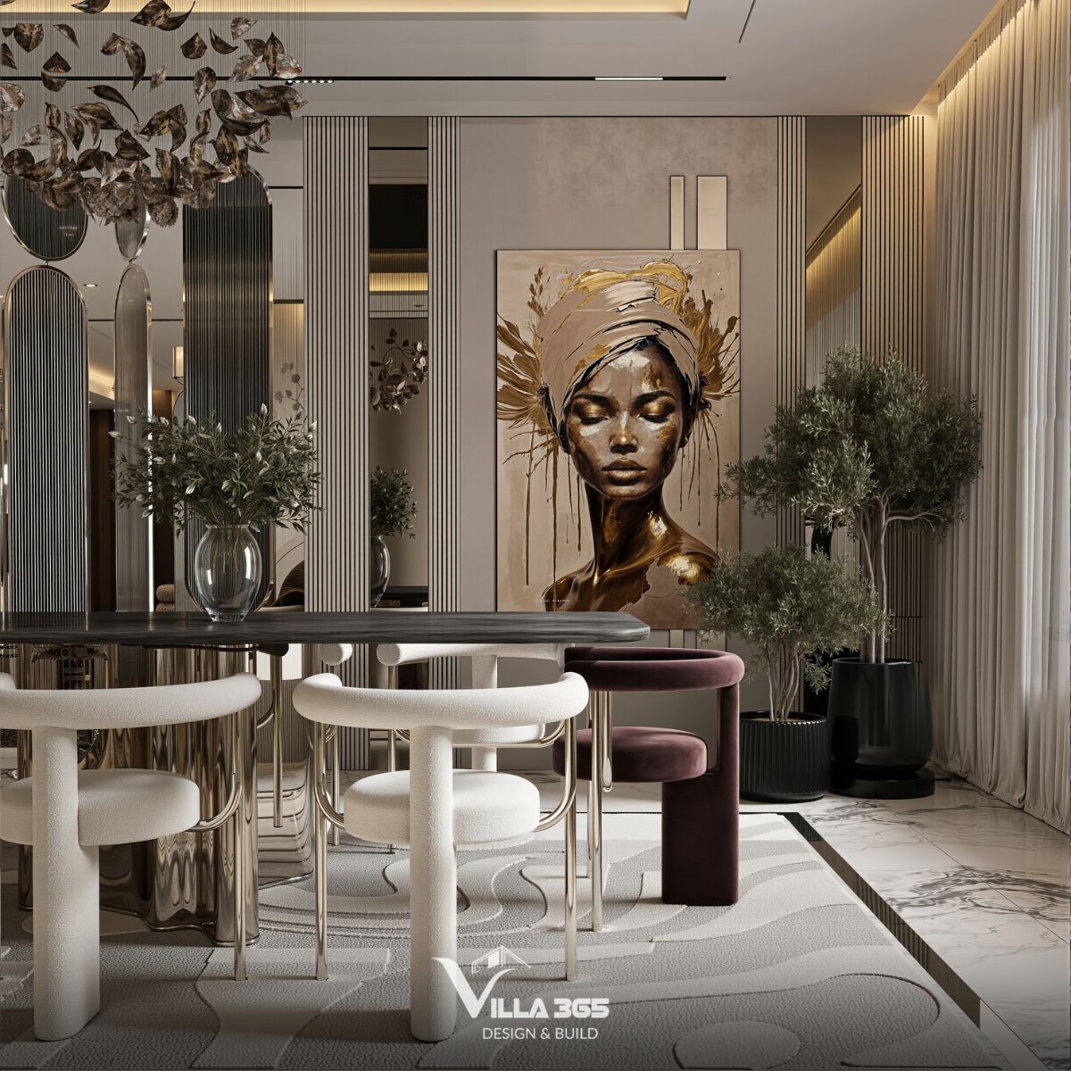 Bức tranh chân dung nghệ thuật khổ lớn với tone màu vàng gold và nâu đen huyền bí làm tiêu điểm thị giác cho phòng ăn 