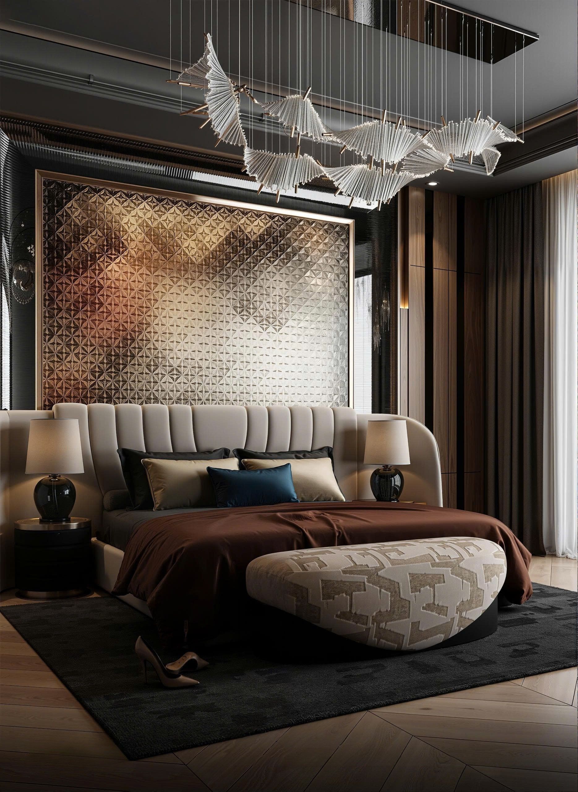 Những đường cong xuất hiện có chủ đích trên sofa, vách ngăn và đèn trang trí 