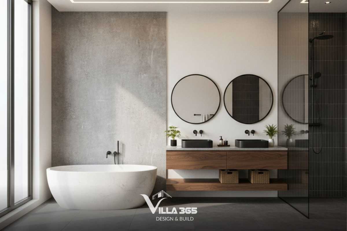 Thiết kế nội thất Nest Villa – Khoảng dừng an yên giữa lòng phố biển 16 Sự đối lập giữa bê tông mài và chất liệu gỗ tự nhiên mang đến cảm giác cân bằng, tĩnh tại