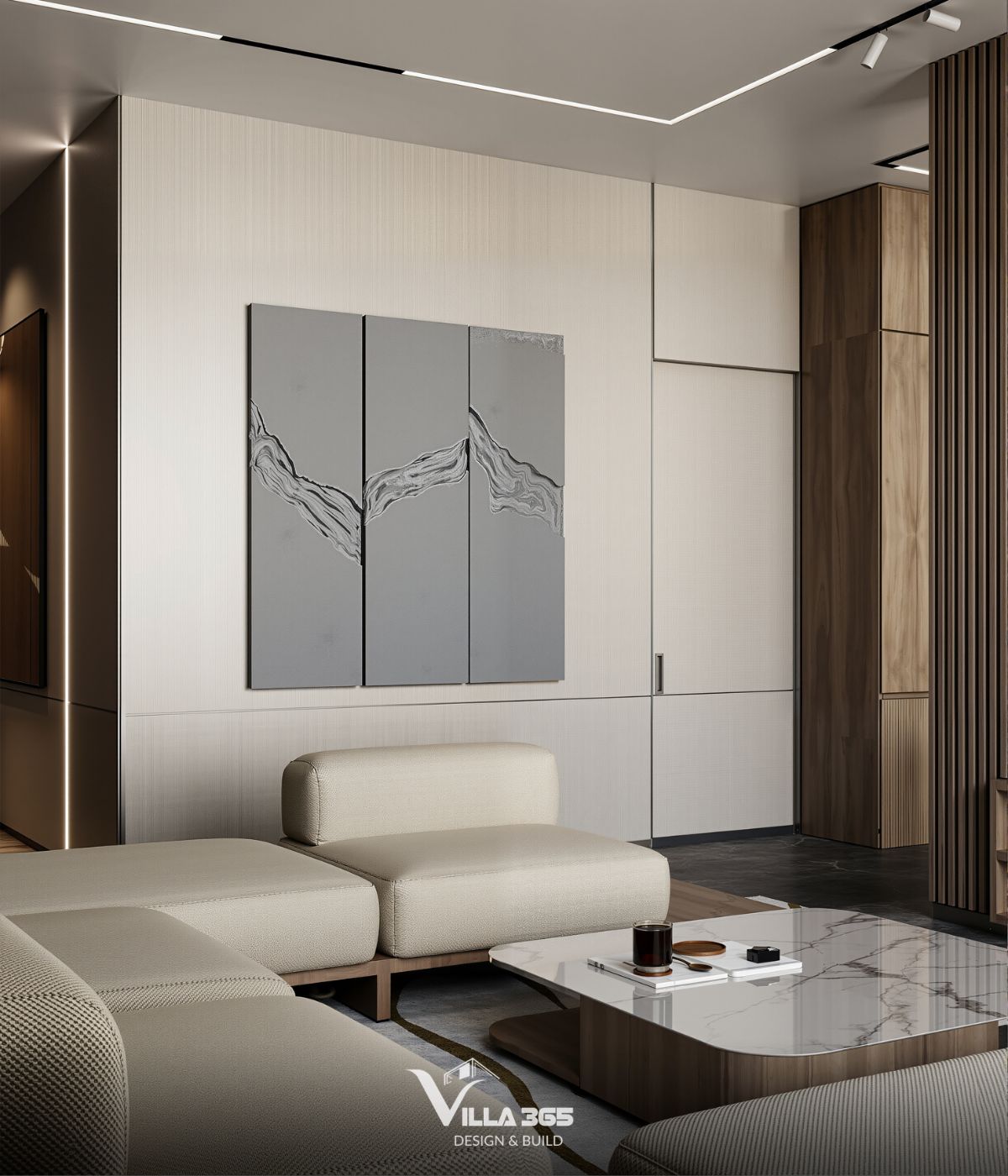 Thiết kế nội thất Plateau Villa – Biệt thự nghỉ dưỡng “đa năng”, thoáng sáng cho gia đình ba thế hệ 3 Tranh treo tường trừu tượng dạng khối nổi 3D màu xám xi măng làm điểm nhấn trung tâm trên nền tường màu be