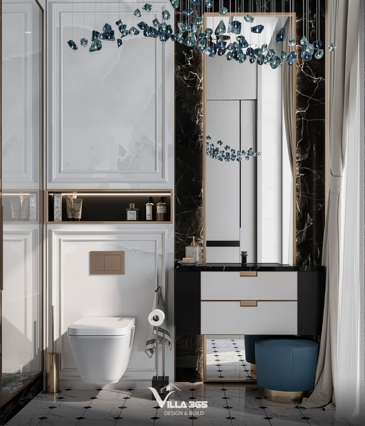 Thiết kế nội thất Plateau Villa – Biệt thự nghỉ dưỡng “đa năng”, thoáng sáng cho gia đình ba thế hệ 10 Đèn trần pha lê tạo điểm nhấn sang trọng cho phòng tắm