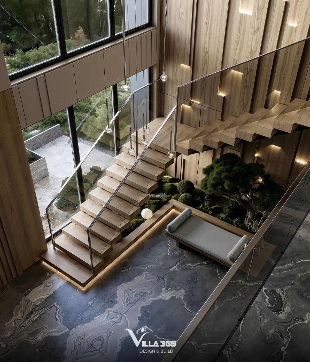 Thiết kế nội thất Plateau Villa – Biệt thự nghỉ dưỡng “đa năng”, thoáng sáng cho gia đình ba thế hệ 17 Khu vườn dưới chân cầu thang là chi tiết thể hiện sự chỉn chu trong cách kiến trúc sư xử lý những khoảng không gian nhỏ