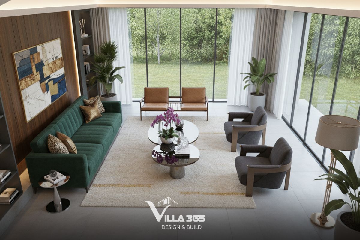 Thiết kế nội thất The Still Villa – Những khoảng trống đáng giá 2 Hệ cửa kính cao sát trần không chỉ mở rộng tầm nhìn mà còn xóa nhòa ranh giới giữa không gian sống và thiên nhiên bên ngoài