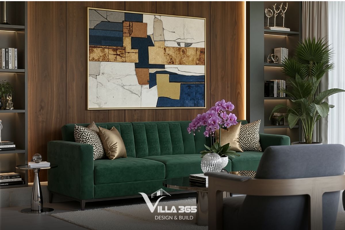 Thiết kế nội thất The Still Villa – Những khoảng trống đáng giá 3 Điểm nhấn trung tâm là chiếc ghế sofa bọc vải nhung màu xanh lục bảo thiết kế tối giản với các đường chần múi dọc tinh tế ở phần tựa lưng