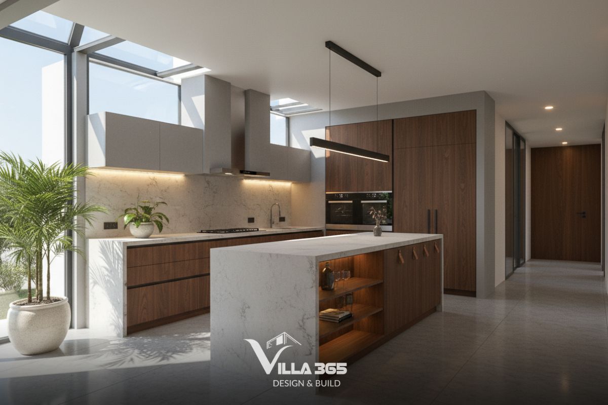 Thiết kế nội thất The Still Villa – Những khoảng trống đáng giá 5 Hệ tủ bếp đồng màu với trần tạo cảm giác nhẹ nhàng, để khu vực nấu nướng trở thành một phần liền mạch của tổng thể