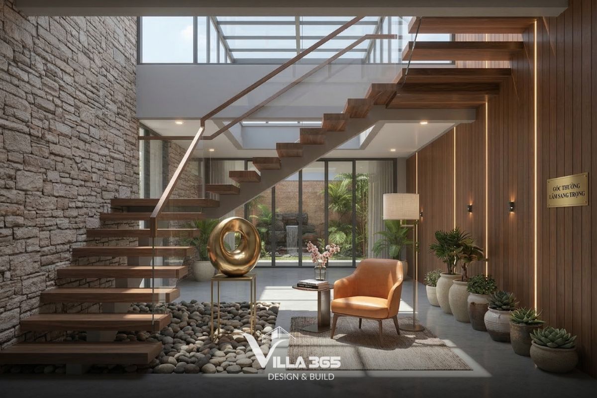 Thiết kế nội thất The Still Villa – Những khoảng trống đáng giá 8 Cầu thang thiết kế dạng xương cá treo với các bậc bước làm bằng gỗ tự nhiên dày dặn, tạo cảm giác thanh thoát và thông thoáng