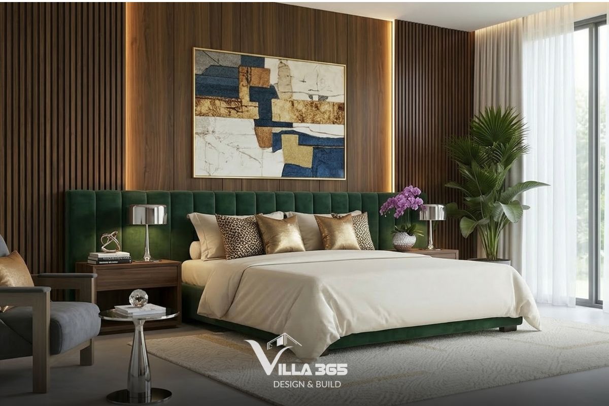 Thiết kế nội thất The Still Villa – Những khoảng trống đáng giá 9 Giường ngủ được bọc vải nhung màu xanh lục bảo, đồng bộ với sofa ở phòng khách