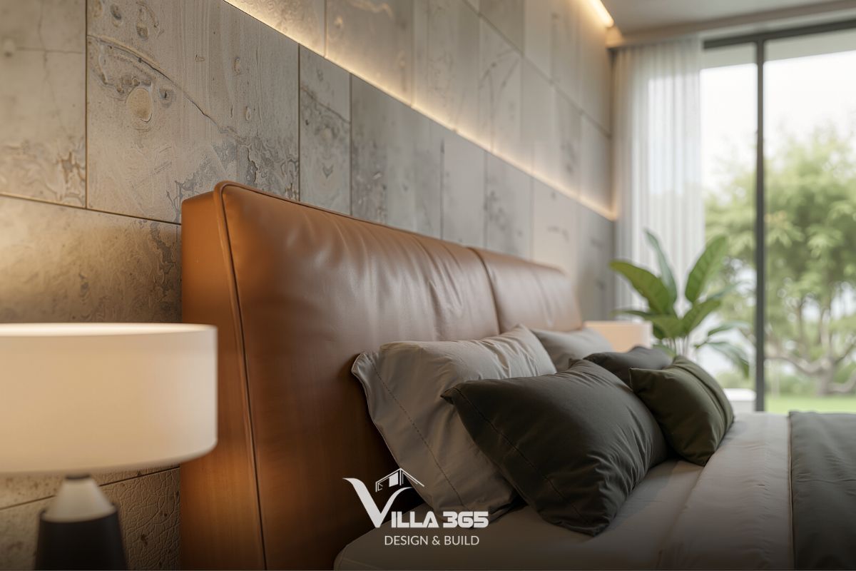Thiết kế nội thất The Still Villa – Những khoảng trống đáng giá 11 Phần khung và tựa đầu giường bọc da màu nâu bò, tạo điểm nhấn ấm áp giữa không gian tone màu trung tính