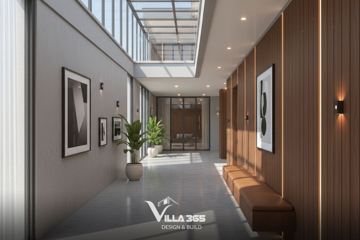 Thiết kế nội thất The Still Villa – Những khoảng trống đáng giá 13 Điểm đắt giá nhất của hành lang là hệ thống mái kính kịch trần lớn chạy dọc phía trên, đón trọn vẹn ánh sáng tự nhiên ban ngày và tạo độ mở lớn cho không gian