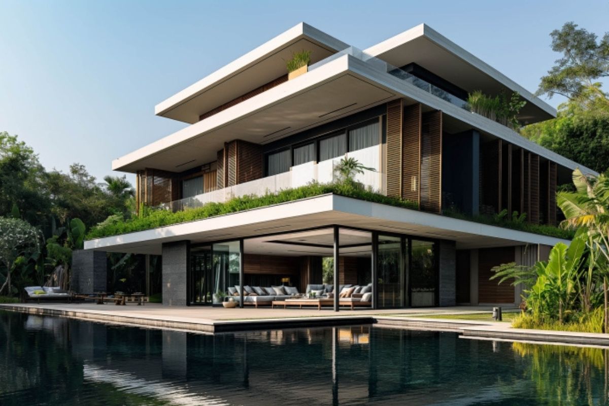 Sự kết hợp giữa kính, đá và mảng xanh giúp các mẫu thiết kế biệt thự Bình Thạnh hiện đại luôn thông thoáng và bền vững  (Ảnh: Sưu tầm)