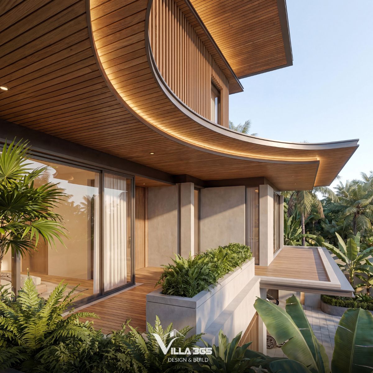 Đường cong mềm mại ở mái hiên giúp cân bằng sự vuông vức của các khối bê tông, mang lại cảm giác thanh thoát hơn cho tổng thể 
