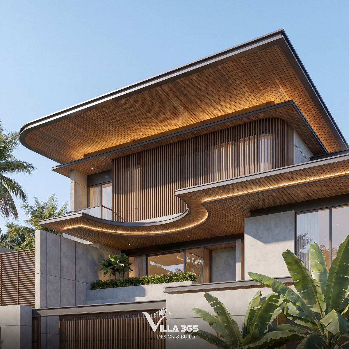 Thay vì sử dụng gỗ tự nhiên hoàn toàn, Villa 365 lựa chọn gỗ đan lớp cho nhiều hạng mục ngoại thất 