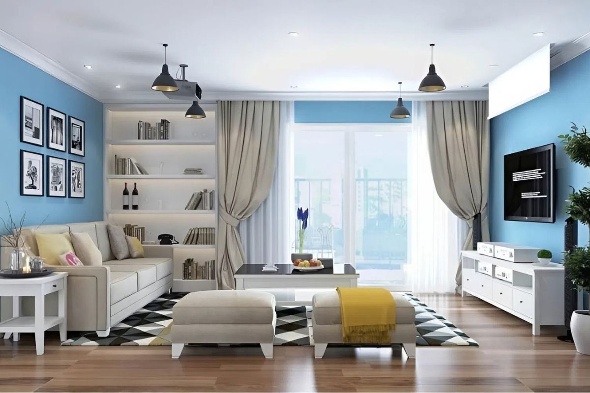 Phòng khách cân bằng ngũ hành nhờ sự kết hợp giữa đồ vật kim loại (Kim sinh Thủy) và các mảng màu điểm xuyết. ( Ảnh: Sưu tầm )