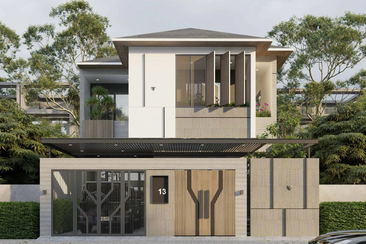 Thiết kế hai tầng giúp biệt thự 2 tầng 100m2 mở rộng diện tích sử dụng mà vẫn giữ được khoảng sân thoáng đãng  (Ảnh: Sưu tầm)