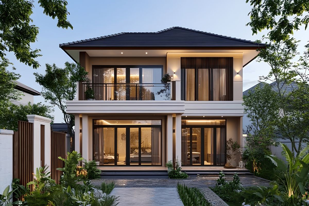 Hệ mái vươn rộng giúp biệt thự 2 tầng mái Nhật che nắng, thoát nước và giảm nhiệt hiệu quả  (Ảnh: Sưu tầm)