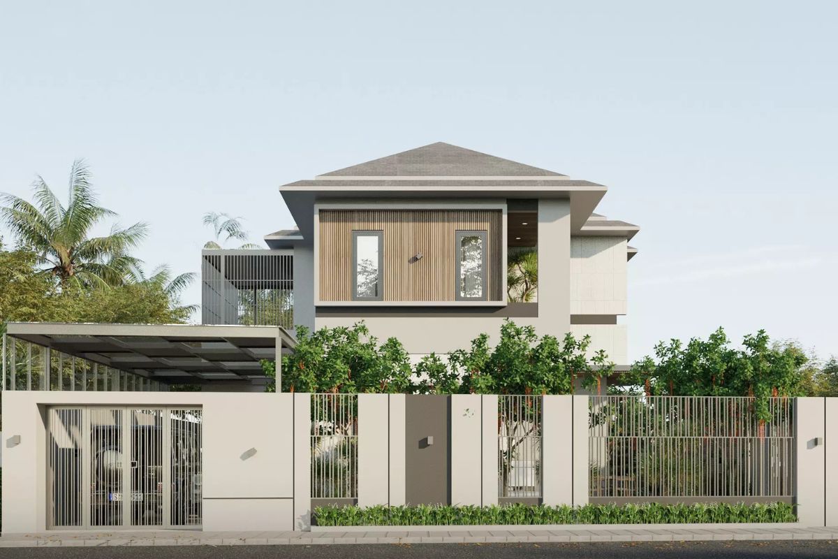 Đá, gỗ, kính và sân xanh tạo nên mẫu biệt thự 2 tầng 100m2 đẹp mang vẻ thanh lịch, gần gũi  (Ảnh: Sưu tầm)