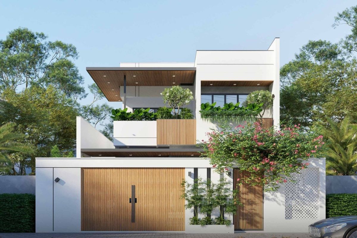Cửa kính, ban công và lam che nắng giúp thiết kế biệt thự 2 tầng 100m2 đón sáng nhưng hạn chế bức xạ nhiệt (Ảnh: Sưu tầm)