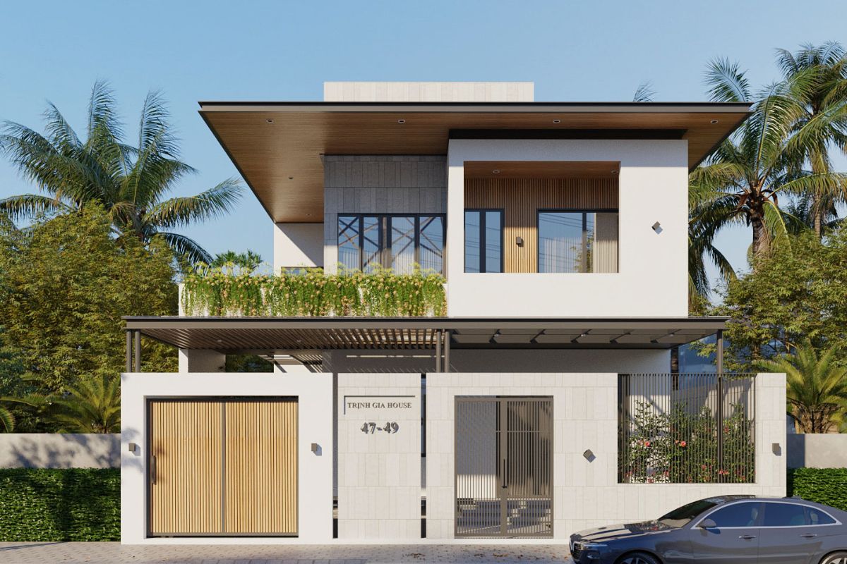 Bê tông, kính, kim loại và gỗ tạo chiều sâu cho nhà biệt thự 2 tầng 100m2 hiện đại (Ảnh: Sưu tầm)